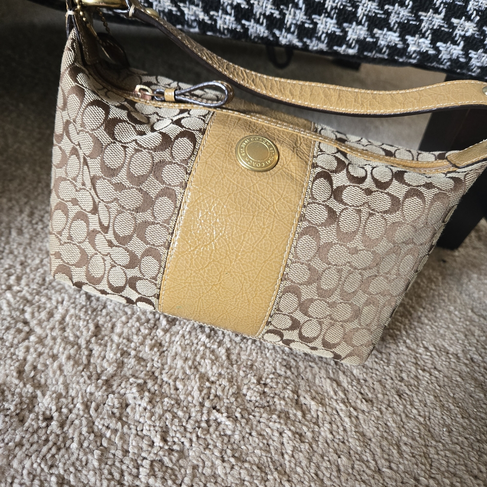 Coach Signature Canvas Small Shoulder Bag Tan Brown Leather Trim